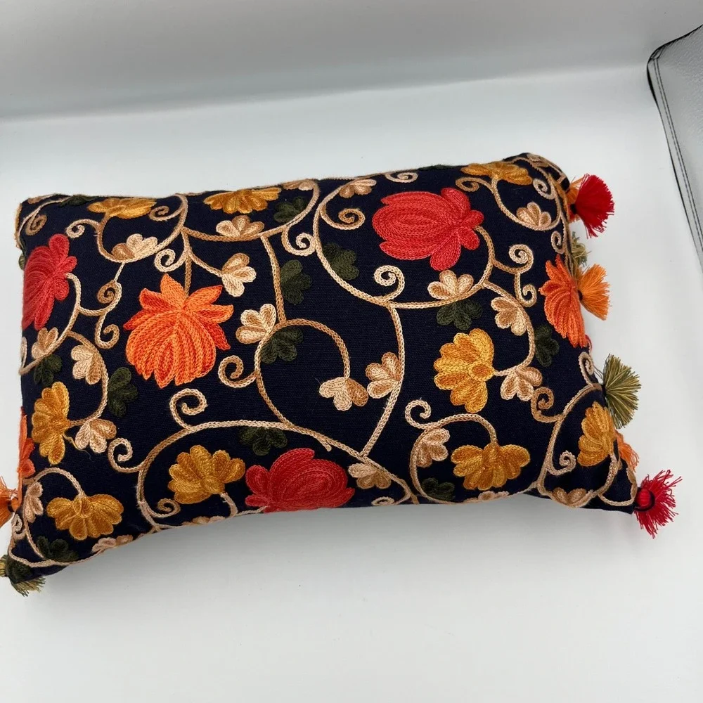 Boho Embroidered Pillow Navy Blue Floral‎ Tassel Accent Decorative Accent Pillow